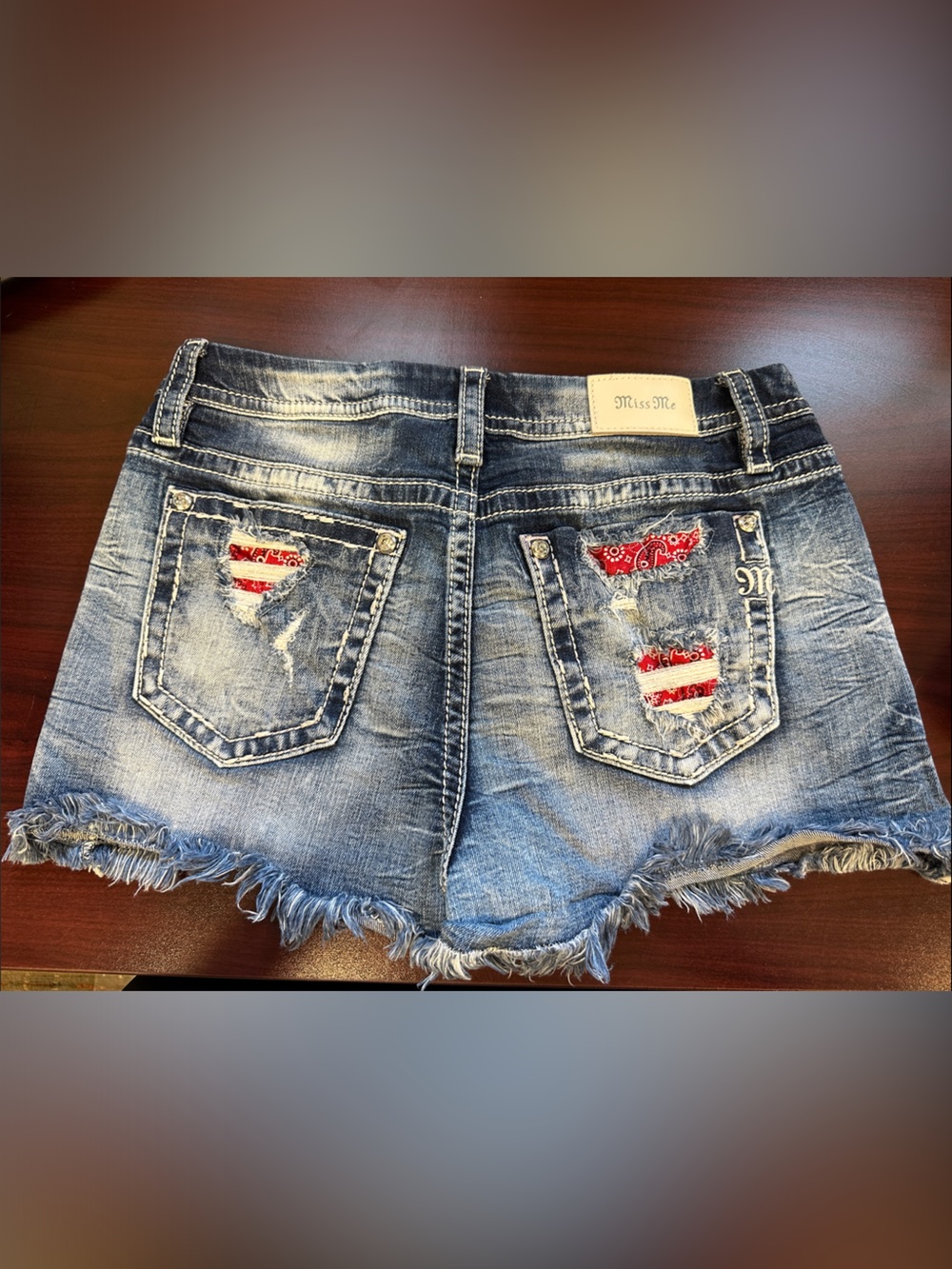 Miss Me Distressed Denim Shorts with Red Bandana Patch
